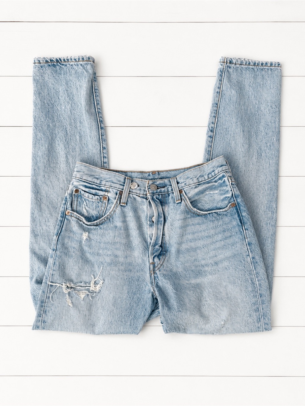 Levi’s 501 Button Fly Jeans W27 L30 Light Wash Distressed Straight Leg Denim - Picture 3 of 5